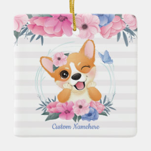 Ornement En Céramique Couronne de fleurs de chien Corgi mignon Papillon