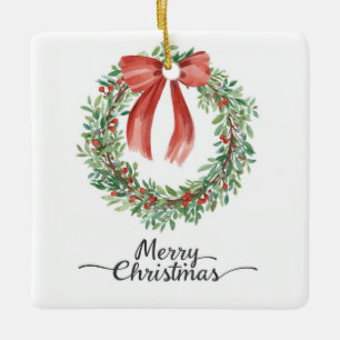 Ornement En Céramique Couronne de Noël à ruban rouge aquarelle Joyeux No