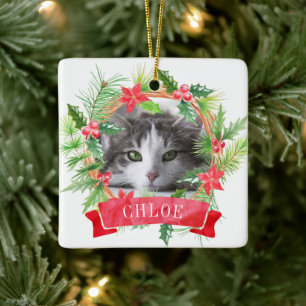 Ornement En Céramique Couronne de Noël avec photo de chat