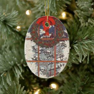 Ornement En Céramique Couronne de Noël vintage dans une fenêtre avec de