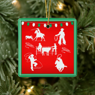 Ornement En Céramique Cowboy de Western Rodeo Cowboy Roping Noël