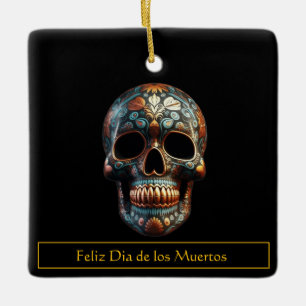 Ornement En Céramique Crâne de Día de los Muertos or Turquoise sur mesur