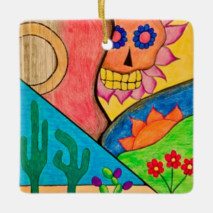 Ornement En Céramique Crâne désert Cactus de Noël Art populaire