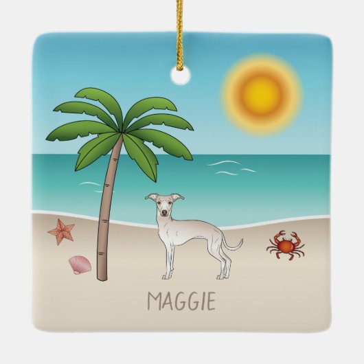 Ornement En Céramique Crème Greyhound Italien À Tropical Summer Beach (Dos)