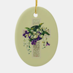 Ornement En Céramique Croix D'Argent Avec Fleurs Violettes