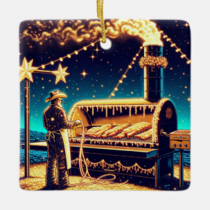 Ornement En Céramique Cuisine Cowboy Sur Le BBQ Pit Noël