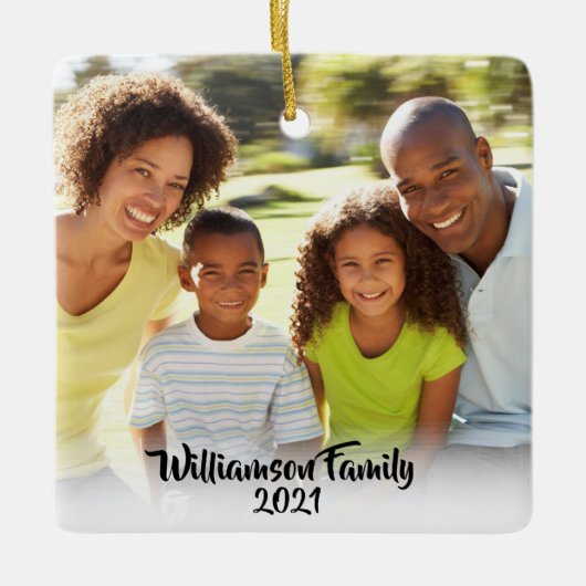 Ornement En Céramique Custom 2 Photo 2 Sided Family Photo Black Script (Devant)