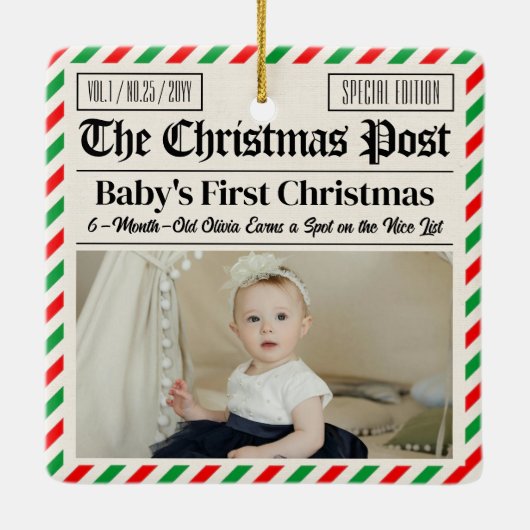 Ornement En Céramique Custom Baby's First Christmas Newspaper (Dos)
