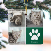 Ornement En Céramique Custom Cat Photo Collage Cute Green Christmas