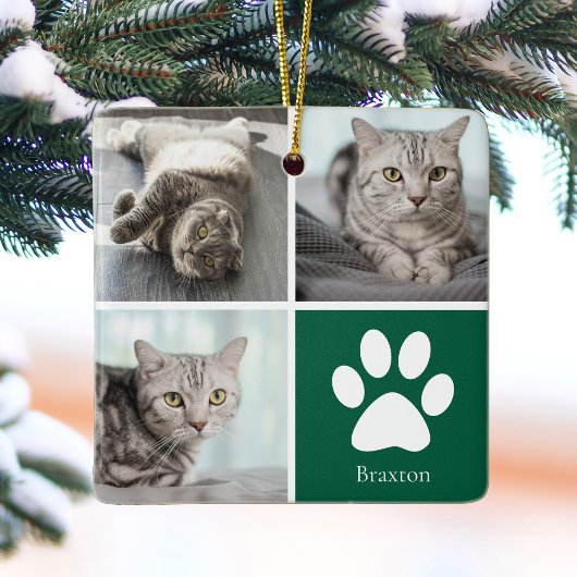 Ornement En Céramique Custom Cat Photo Collage Cute Green Christmas