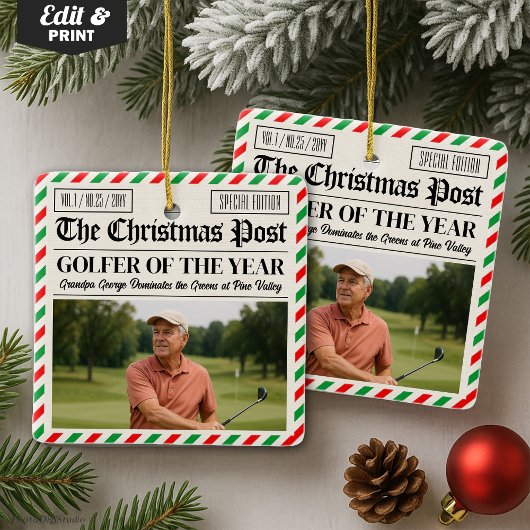 Ornement En Céramique Custom Christmas Golfer Gift, Fun Golf Newspaper 