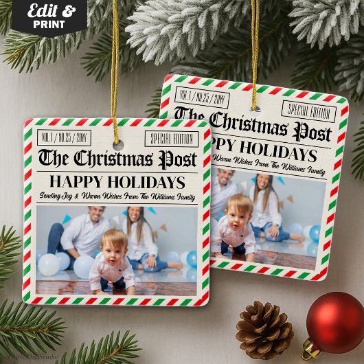 Ornement En Céramique Custom Christmas Newspaper Decor, Family Photo