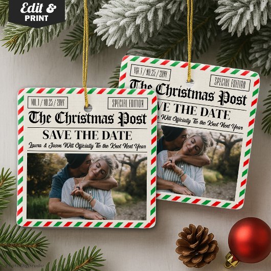 Ornement En Céramique Custom Christmas Wedding Announcement Newspaper