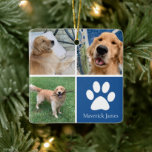 Ornement En Céramique Custom Dog Photo Collage Cute Blue Pet Christmas<br><div class="desc">This beautiful puppy pet photo Christmas ornament is personalized with adorable pictures of your sweet boy dog. Customize this cute gift with your own custom pup photographs around a cool blue square with a cute white paw print and your dog's name in the center. Add a full photograph on the...</div>