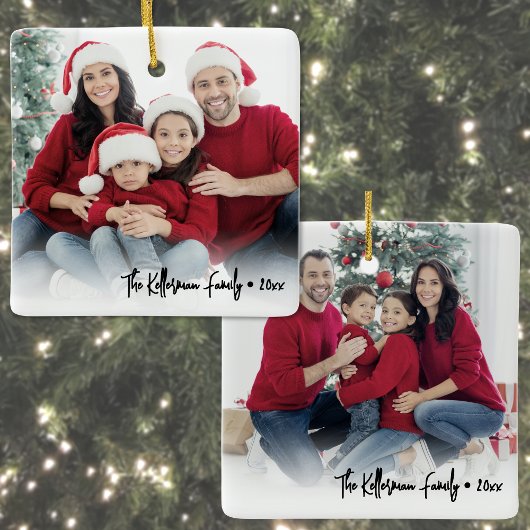 Ornement En Céramique Custom Double Sided Family Two Photo Christmas
