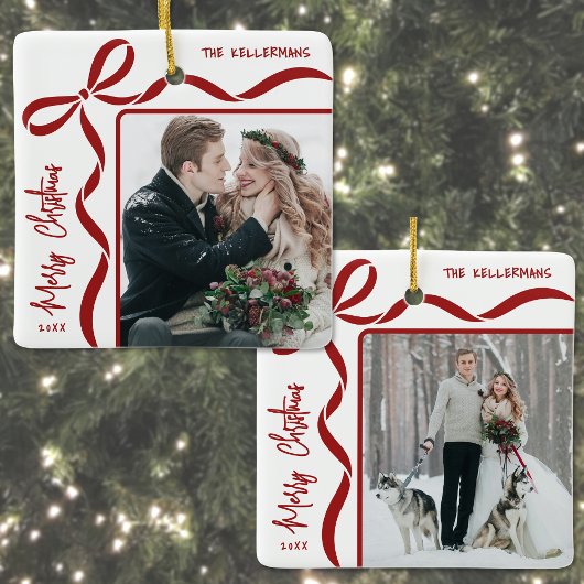 Ornement En Céramique Custom Double Sided Family Two Photo Christmas