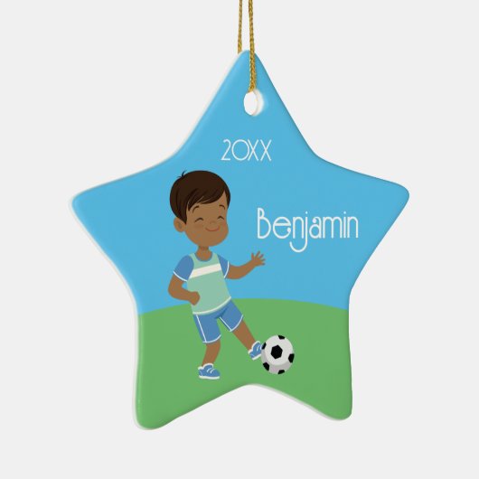 Ornement En Céramique Cute Black Boy Soccer Ceram de Noël personnalisé (Droite)
