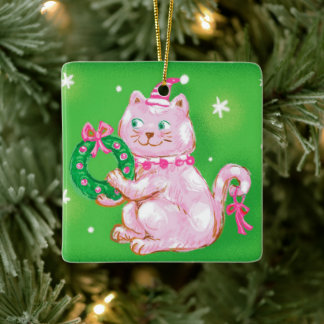 Ornement En Céramique Cute Cartoon Christmas Cat Holding Wreath