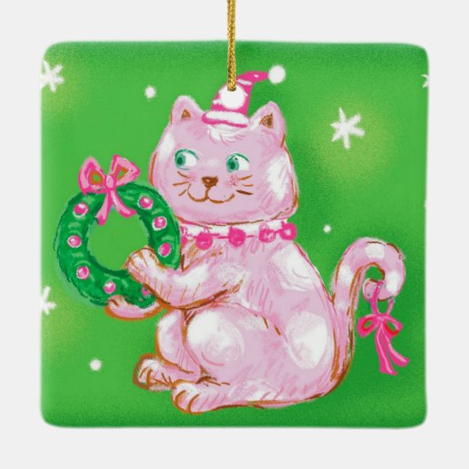 Ornement En Céramique Cute Cartoon Christmas Cat Holding Wreath (Dos)