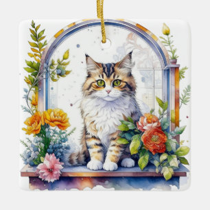 Ornement En Céramique Cute chat dans la fenêtre de fleurs Personnalisé