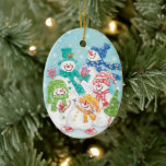 Ornement En Céramique Cute Christmas Snowman Family in the Snow<br><div class="desc">Vintage illustration Merry Christmas holiday design featuring an adorable cartoon happy snowman family with mom, dad and the snow children. Everyone is smiling and wearing a scarf and holding Christmas presents and a Christmas tree. It is snowing with large snowflakes falling. Their scarves and hats are all different colors, red,...</div>