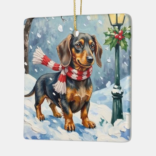 Ornement En Céramique Cute Dachshund Puppy Cozy Winter Scarf Art (Gauche)