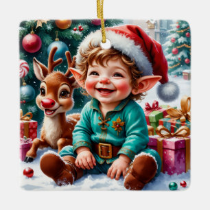 Ornement En Céramique Cute Elfe de Noël & Renne