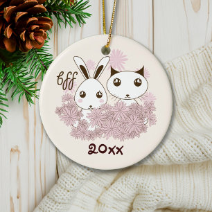 Ornement En Céramique Cute Kitten Bunny Animaux Amis Enfants Noël