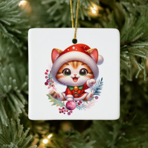 Ornement En Céramique Cute Kitten en Père Noël Costume Noël
