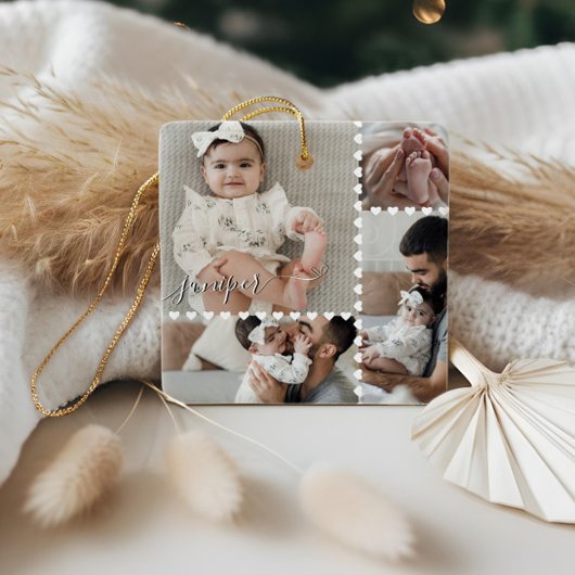 Ornement En Céramique Cute Minimal Heart Baby Photo Collage Script Name