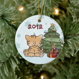 Ornement En Céramique Cute Orange Chat et sapin de Noël personnalisés