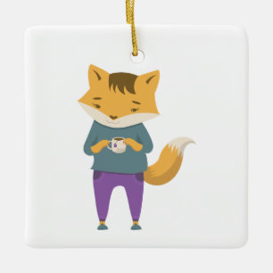 Ornement En Céramique Cute renard avec tasse de thé