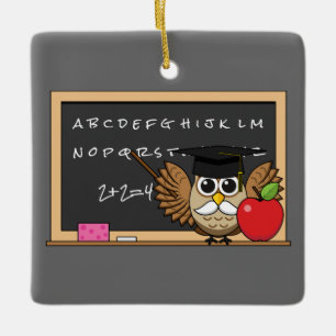 Ornement En Céramique Cute Teacher Owl with Apple Cartoon