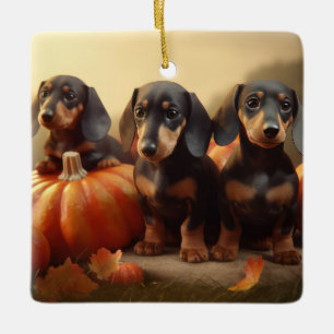 Ornement En Céramique Dachshund Chiot Automne Citrouille de plaisir