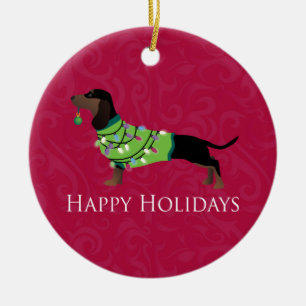 Ornement En Céramique Dachshund Happy Holidays Design