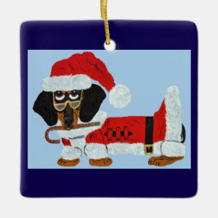 Ornement En Céramique Dachshund noir et feu, Père Noël avec un bonbon en