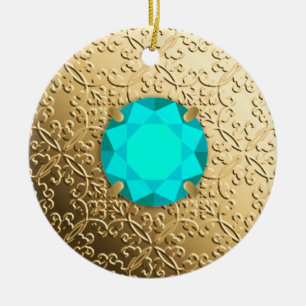 Ornement En Céramique Damas d'or avec gemstone d'aquamarine faux