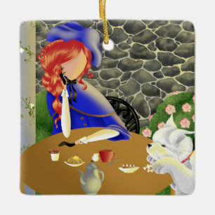 Ornement En Céramique Dame et chien au coucher du soleil