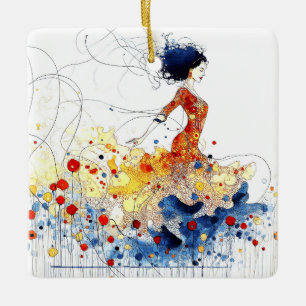 Ornement En Céramique Danseuse de flamenco en mouvement multicolore flui