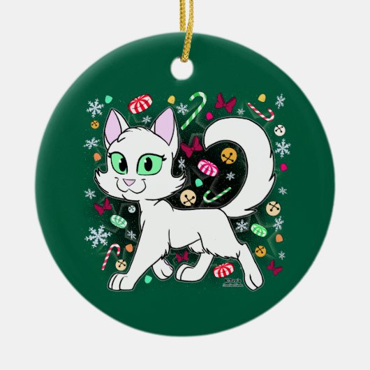 Ornement en céramique de chat de Noël (Vert) (Devant)