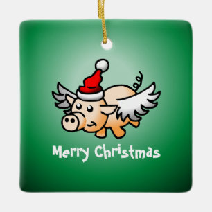 Ornement en céramique de Noël de porc volant