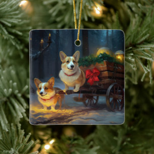 Ornement En Céramique Décor de Noël Corgi Snowy Sleigh
