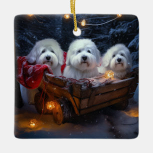 Ornement En Céramique Décor de Noël Coton De Tulear Snowy Sleigh