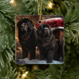 Ornement En Céramique Décor de Noël de Terre-Neuve Snowy Sleigh