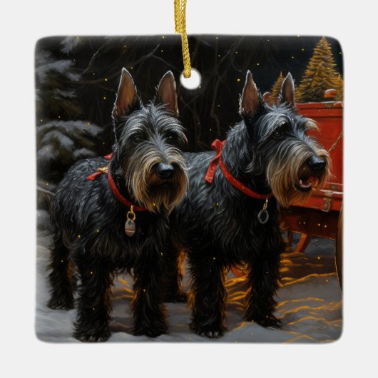 Ornement En Céramique Décor de Noël écossais Terrier Snowy Sleigh (Devant)