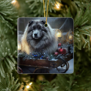 Ornement En Céramique Décor de Noël Keeshond Snowy Sleigh