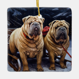 Ornement En Céramique Décor de Noël Shar Pei Snowy Sleigh