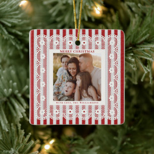 Ornement En Céramique Dentelle Vintage Noël Photo Rouge Rayures Rétro