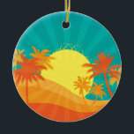 Ornement En Céramique Design de surf tropical rétro de Sunset Beach<br><div class="desc">Avec un design d'une plage tropicale rétro au coucher du soleil avec des palmiers. Ce design surf aux couleurs rouge,  orange et jaune rappelle une station balnéaire tropicale en été. Pour les amateurs de soleil,  de surf et de sable et de couchers de soleil tropicaux..</div>