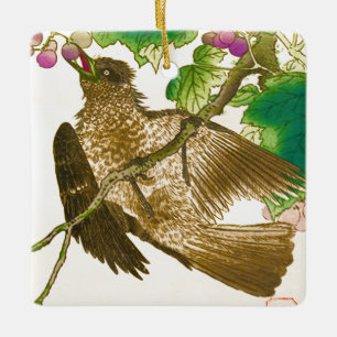 Ornement En Céramique Dessin japonais de Jay sur une vigne de raisin en 